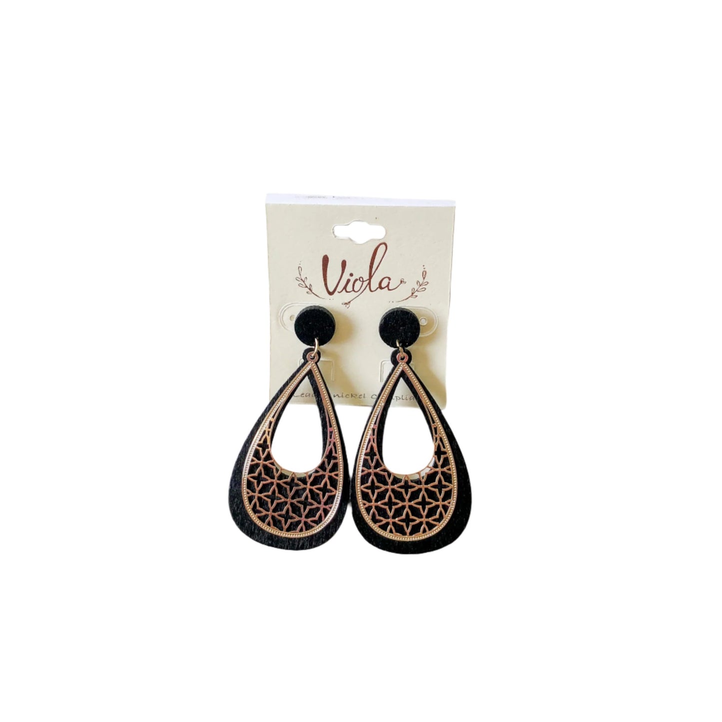 Tear Drop Wood Cut Out Metal Earrings
