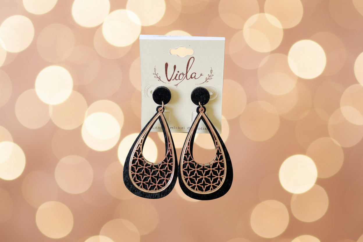 Tear Drop Wood Cut Out Metal Earrings