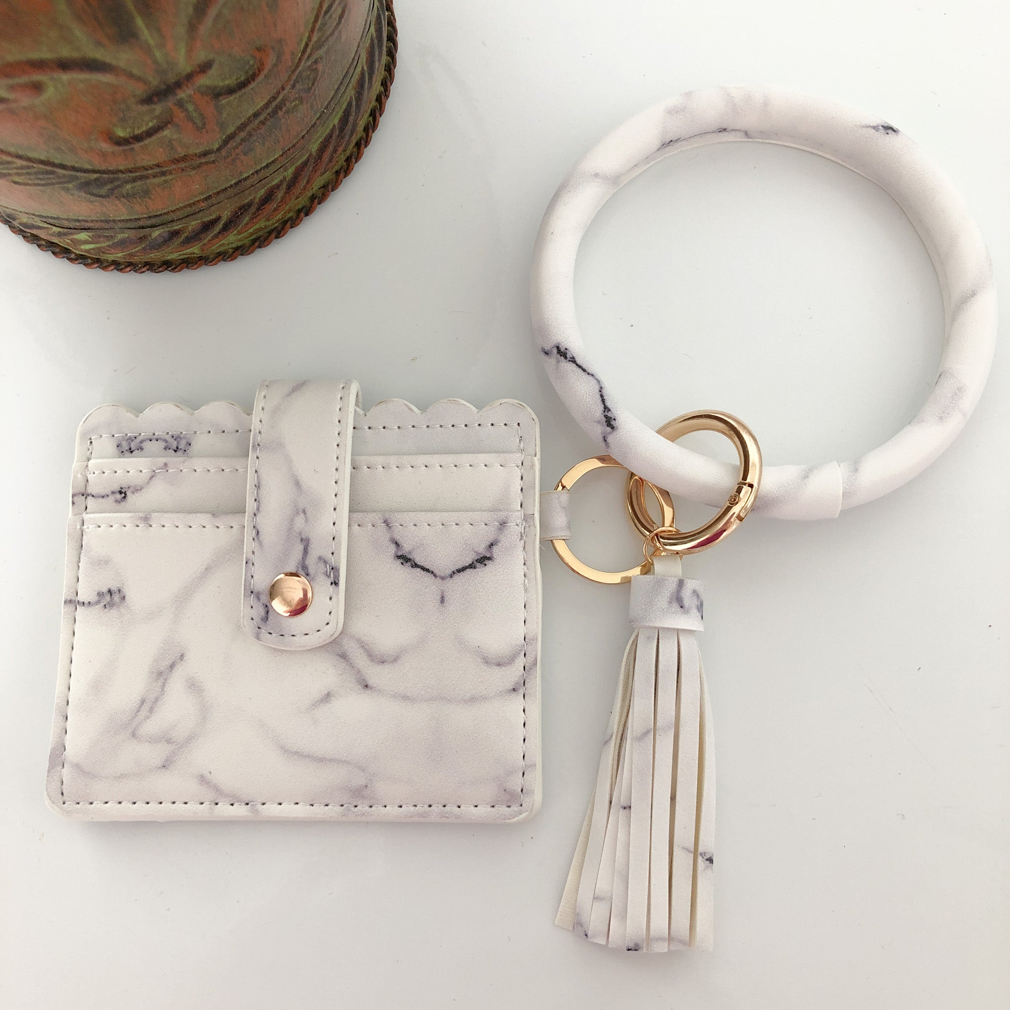 Card Holder with Key Ring - White Marble